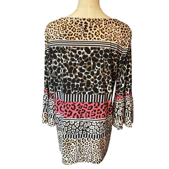 ELLEN TRACY PULLOVER BLOUSE MULTICOLOR LEOPARD PRINT 3/4 RUFFLE SLEEVE WOMEN LGE - Picture 2 of 7